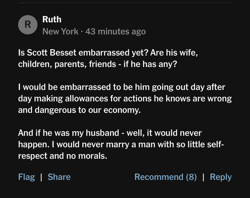 America First (@kihnesheila) on Twitter photo Best of the <a href="/nytimes/">The New York Times</a> low information voter comments today is from a tariffs story targeting Scott Bessent
Ruth in New York 🤡
(subscription is worth it for so much comedy gold) Best of the <a href="/nytimes/">The New York Times</a> low information voter comments today is from a tariffs story targeting Scott Bessent
Ruth in New York 🤡
(subscription is worth it for so much comedy gold)