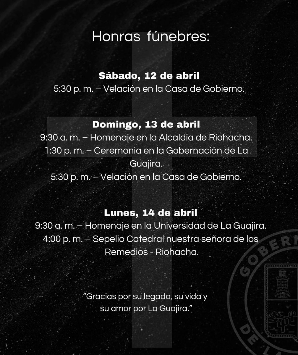 LAGUAJIRAGOB's tweet photo. La Gobernación de La Guajira invita a toda la comunidad a rendir homenaje y acompañar a la familia Aguilar Deluque en este momento de dolor por el fallecimiento del exgobernador
Jairo Aguilar Ocando. https://t.co/iQ8OX0KcA4