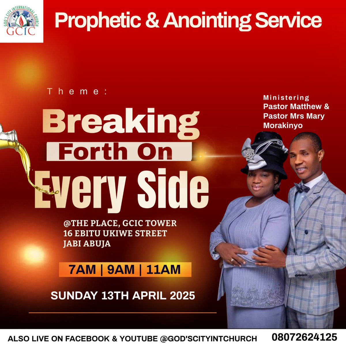 GCIC_Powertouch's tweet photo. It is our special anointing Sunday and the Holy Spirit will be present in all our services @ 7am, 9am and 11am themed "Breaking forth on every side"

Don't miss the life changing services and invite others

Services will be streamed live across our social media platforms https://t.co/tghZjBwmM2