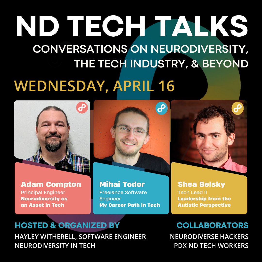 Neurodiversity In Tech (@nditcommunity) on Twitter photo Join us for the very first #NDTechTalks, hosted & organized by <a href="/hayleywitherell/">Hayley in the Stack</a>. Members Adam Compton, <a href="/MihaiTodor/">Mihai Todor</a>, & <a href="/SheaBelsky/">Shea Belsky</a> will share valuable insights. RSVP below.
Date: Wed, April 16
Time: 5pm MT (7pm ET, 12am GMT)
RSVP: bit.ly/nd-tech-talks-… Join us for the very first #NDTechTalks, hosted & organized by <a href="/hayleywitherell/">Hayley in the Stack</a>. Members Adam Compton, <a href="/MihaiTodor/">Mihai Todor</a>, & <a href="/SheaBelsky/">Shea Belsky</a> will share valuable insights. RSVP below.
Date: Wed, April 16
Time: 5pm MT (7pm ET, 12am GMT)
RSVP: bit.ly/nd-tech-talks-…