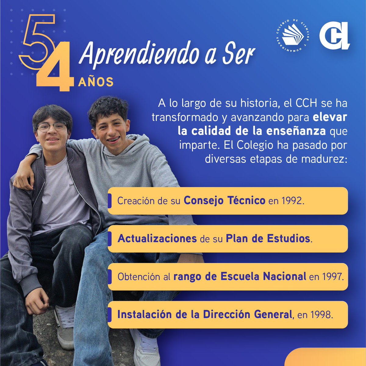 CCHAzcapoUNAM's tweet image. ¡Celebramos 54 años del Colegio de Ciencias y Humanidades! 🎉📚
Más de medio siglo formando generaciones críticas, libres y comprometidas con su entorno 🤜🤛
El #CCH no es solo una escuela, es un espacio de transformación, de encuentro, de lucha y de sueños compartidos ✨.