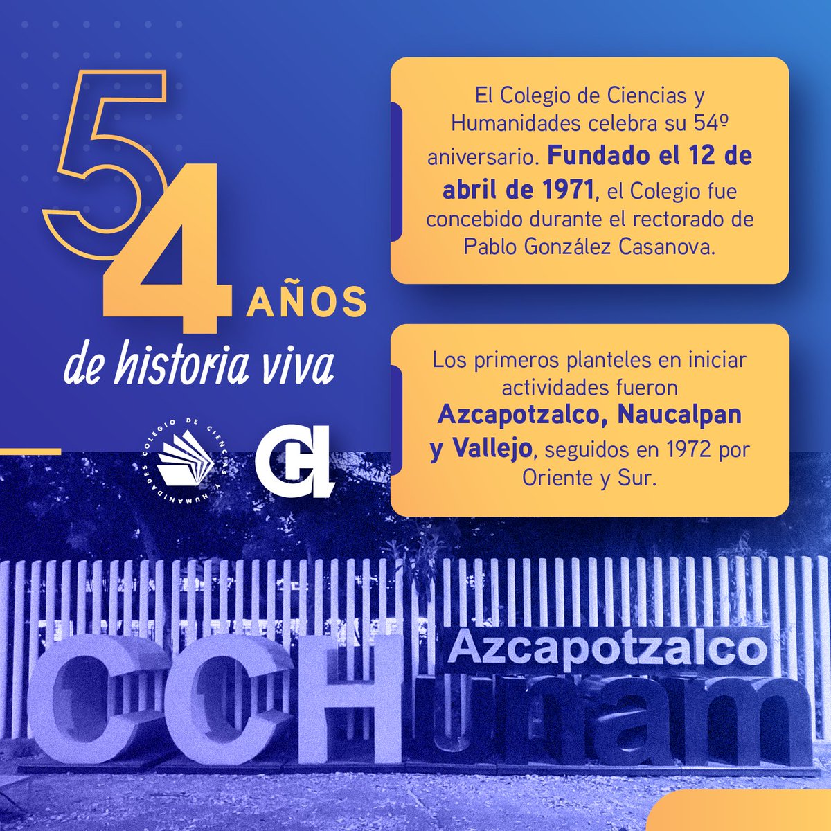 CCHAzcapoUNAM's tweet image. ¡Celebramos 54 años del Colegio de Ciencias y Humanidades! 🎉📚
Más de medio siglo formando generaciones críticas, libres y comprometidas con su entorno 🤜🤛
El #CCH no es solo una escuela, es un espacio de transformación, de encuentro, de lucha y de sueños compartidos ✨.