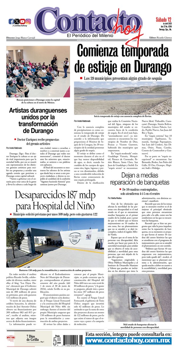 ContactoHoy's tweet photo. #PORTADA de nuestra edición impresa de HOY #Durango #Noticias https://t.co/omVEe6Lyeq
