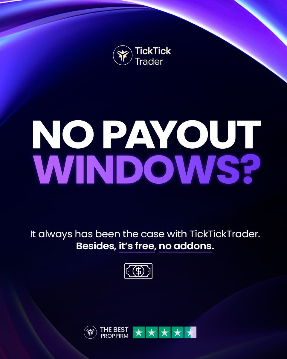 tickticktrader's tweet image. Promising to remove payout windows? We never had them. Besides, it’s free. No addons needed.
Trade 5 days and request your payout. Simple as that  — don’t let them make you trade 10.

Common sense... with us, it’s reality — not just a promise 👀