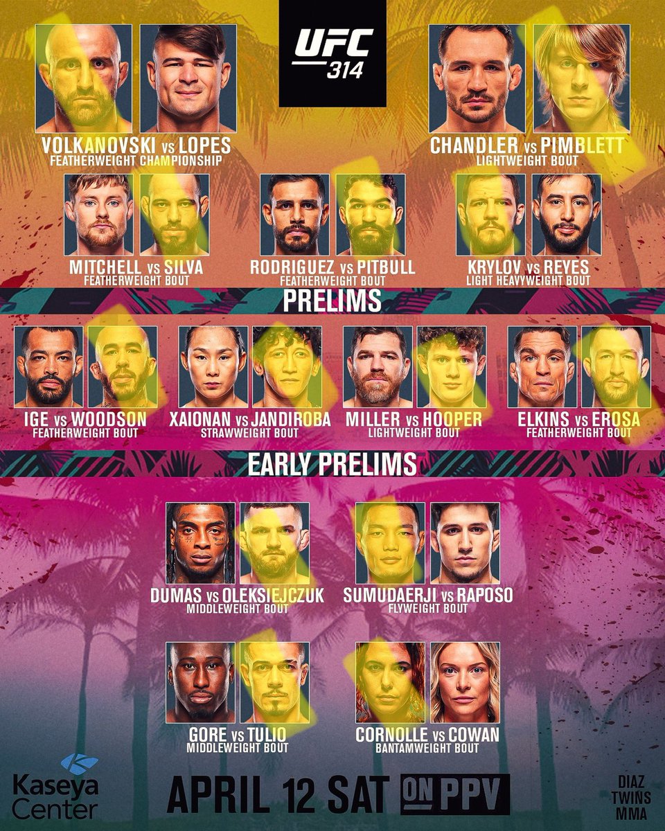 goingback2cali's tweet photo. My #picks highlighted in yellow!! Let’s goooo excited for this card #ufc314 #bicks #fucksportsbetting https://t.co/0khWZHDd4I