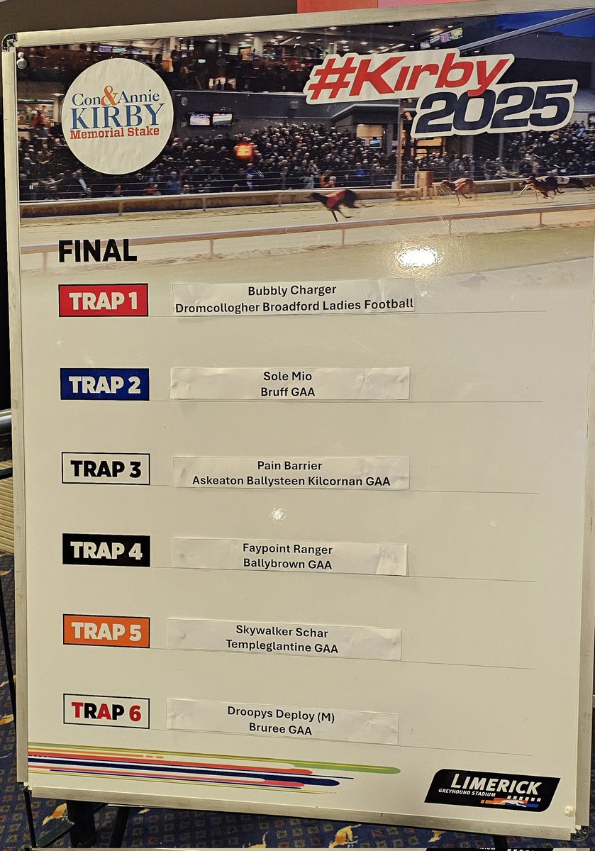 The draw for the 2025 Con and Annie Kirby Memorial Final 

Bring it on!

#Kirby2025 #GoGreyhoundRacing #ThisRunsDeep