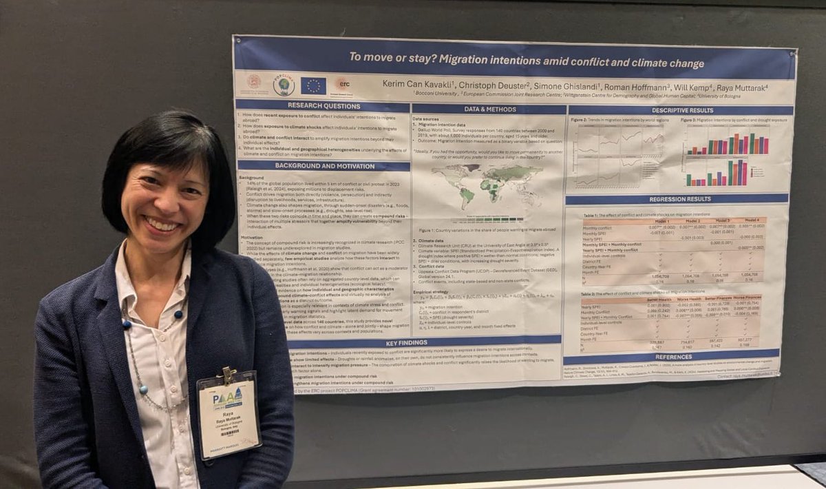 popclima's tweet photo. There are last 2 posters from our #POPCLIMA team in #PAA2025
One from our PI on migration intention amid conflict & climate change .
Another @chiarapuglisi93 dives into gender norms and sex-related differences in climate shock impacts on childhood.
See you next year!!! https://t.co/6abVxeh25v