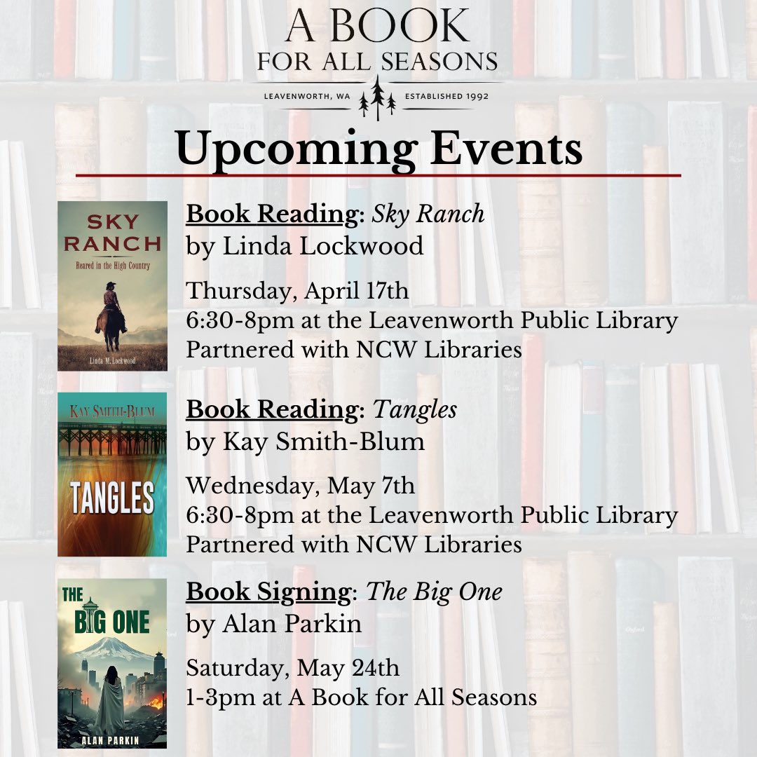ABookFAS's tweet photo. We have more events with local authors coming soon this spring! We hope you can make it. 📚

Learn more about these books and authors here: https://t.co/UVV9Rn4tZI
•
•
#abookforallseasons #ncwlibraries #leavenworthwa #visitleavenworth #leavenworthlibrary #indiebookstore https://t.co/5tVpVpf2nV