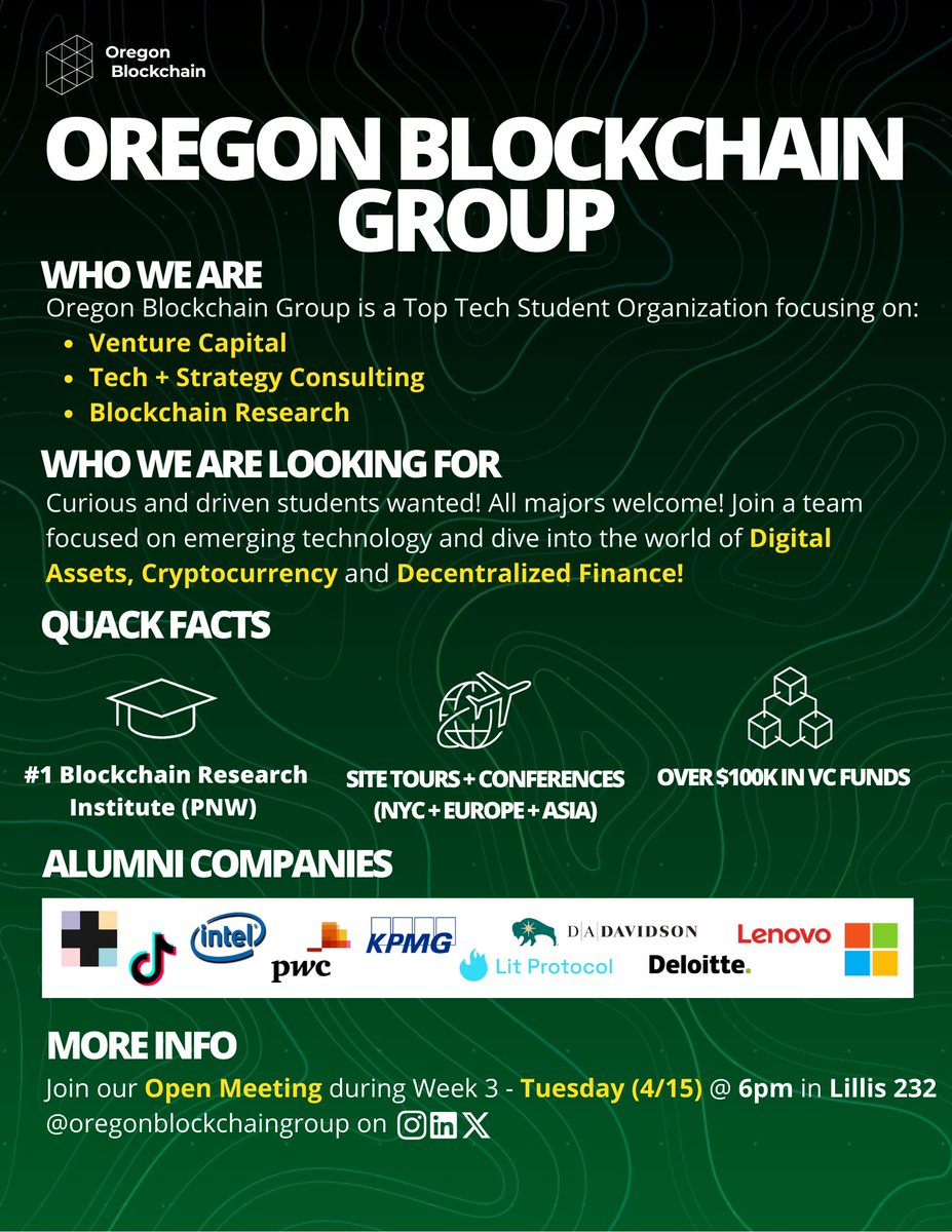🚨 Applications Now Open for Oregon Blockchain Group! 🚨
Join one of the fastest-growing student orgs at the intersection of crypto, tech, and finance 🧠💸

🗓 Open Meeting: Tuesday, April 15th @ 6PM
📍 Lillis 232

📌 Application Deadline: April 16 @ 11:59PM
👉 Apply here:
