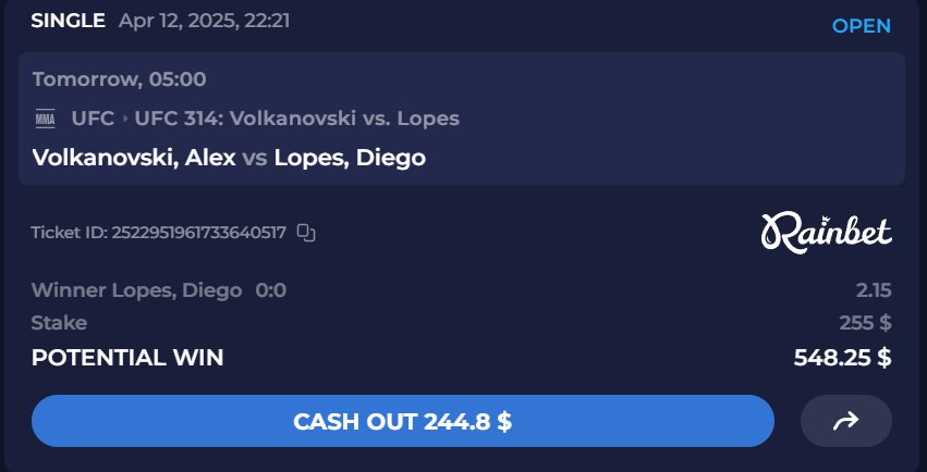 Im betting on Diego Lopes to win at 2.15 (+115) odds by division! 💸 $255 stake for a potential $548.25 payout at #UFC314! 

Volkanovski vs. Lopes goes down tonight! 🥊 Who’s your pick? #VolkanovskiVsLopes #PimblettVsChandler #UFCPicks
