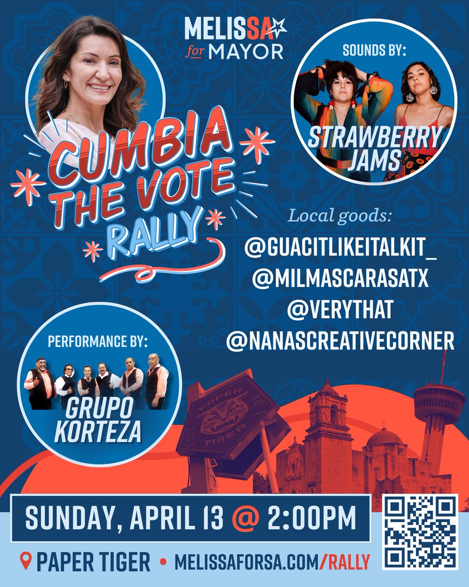 melissaforsa's tweet photo. THIS SUNDAY, April 13 at 2 PM, come Cumbia the Vote with us @papertigersa! We’re getting out the vote—and getting down—as we build momentum through the final stretch of this race.

We’ll have live cumbia from Grupo Korteza, sounds by DJs @strwbrry__jams, and bites from Guac It Like I Talk It and Milmas Caras. Local favorites @verythat and Nana’s Creative Corner will also be there with some incredible goods.

Let’s rally behind a campaign that’s ready to deliver for all of San Antonio. The event is free and all are welcome!

RSVP: https://t.co/ltSw8EtxBy