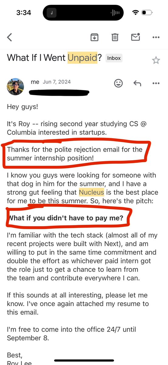 im_roy_lee's tweet photo. i initially got rejected by the @nucleusgenomics team last summer to be an intern.

i asked to work for free and had one of the most significant summers of my life that gave me the confidence that i could do the startup thing.

rejection is not real; if u want smth then make it happen.

thx again @KianSadeghi5