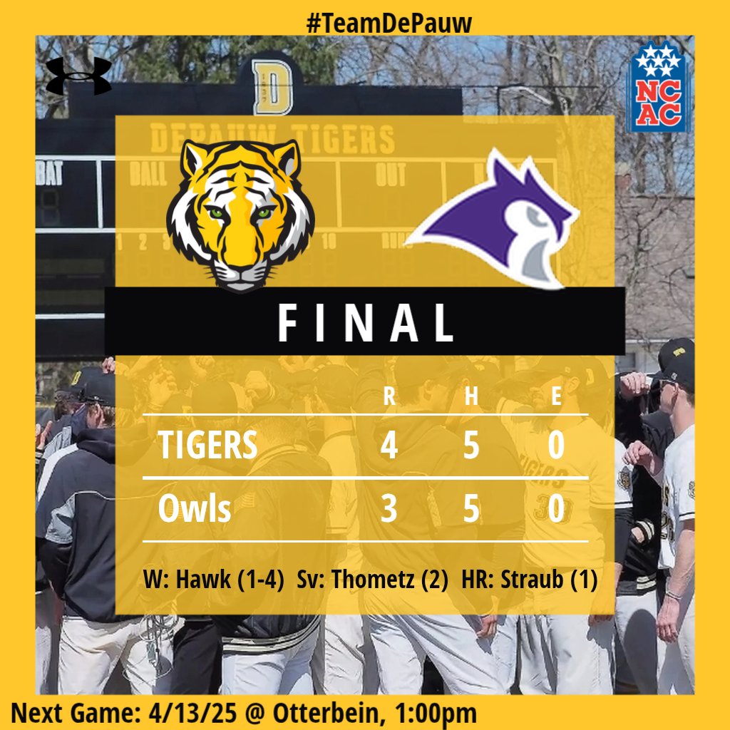 TIGERS WIN!!! 4-3 over Ke yon in Game 2 of the DH. 

W: Hawk (1-4)
Sv: Thometz (2)
HR: Straub (1)
RBI: Johnson, Bond, Straub(2)

#TeamDePauw #D3Baseball