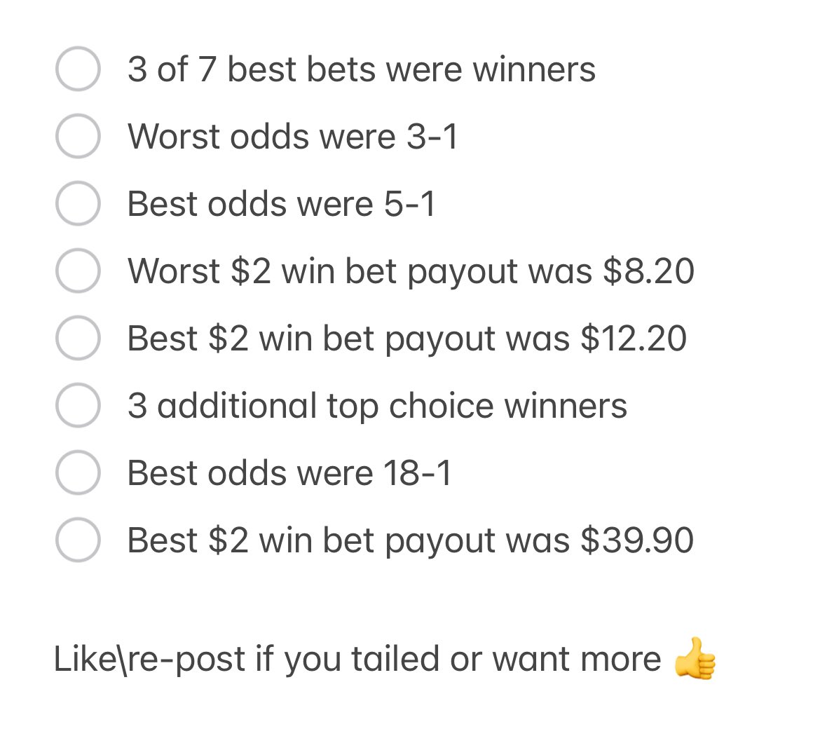 Today’s Results - 4/12/2025

#CapTheCard #FreePicks #HorseRacing #HorseRacingTips #GamblingTwitter #GamblingX #Sko #SantaAnitaPark #GulfstreamPark 

<a href="/GulfstreamPark/">Gulfstream Park</a> <a href="/SantaAnitaPark/">Santa Anita Park</a> <a href="/FanDuel_Racing/">FanDuel Racing</a> <a href="/TwinSpires/">TwinSpires Racing 🏇</a> <a href="/1stbet/">1/ST BET</a> <a href="/NYRABets/">NYRA Bets</a> <a href="/CapTheCard/">Cap the Card</a>