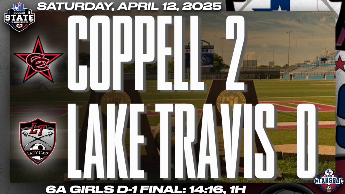 50_50Pod's tweet photo. 6A Girls D1 Final:                 
#UILState         

GOOAL  Cowgirls!! #24, Monica Morales w/ the header on a corner kick, assisted by #25, Summer Chen. 14:16, 1H
@CoppellCowgirls 2 - 0 @ltladycavsoccer 

#TXHSSOC #GoingToGeorgetown https://t.co/VDCYZ17mU5