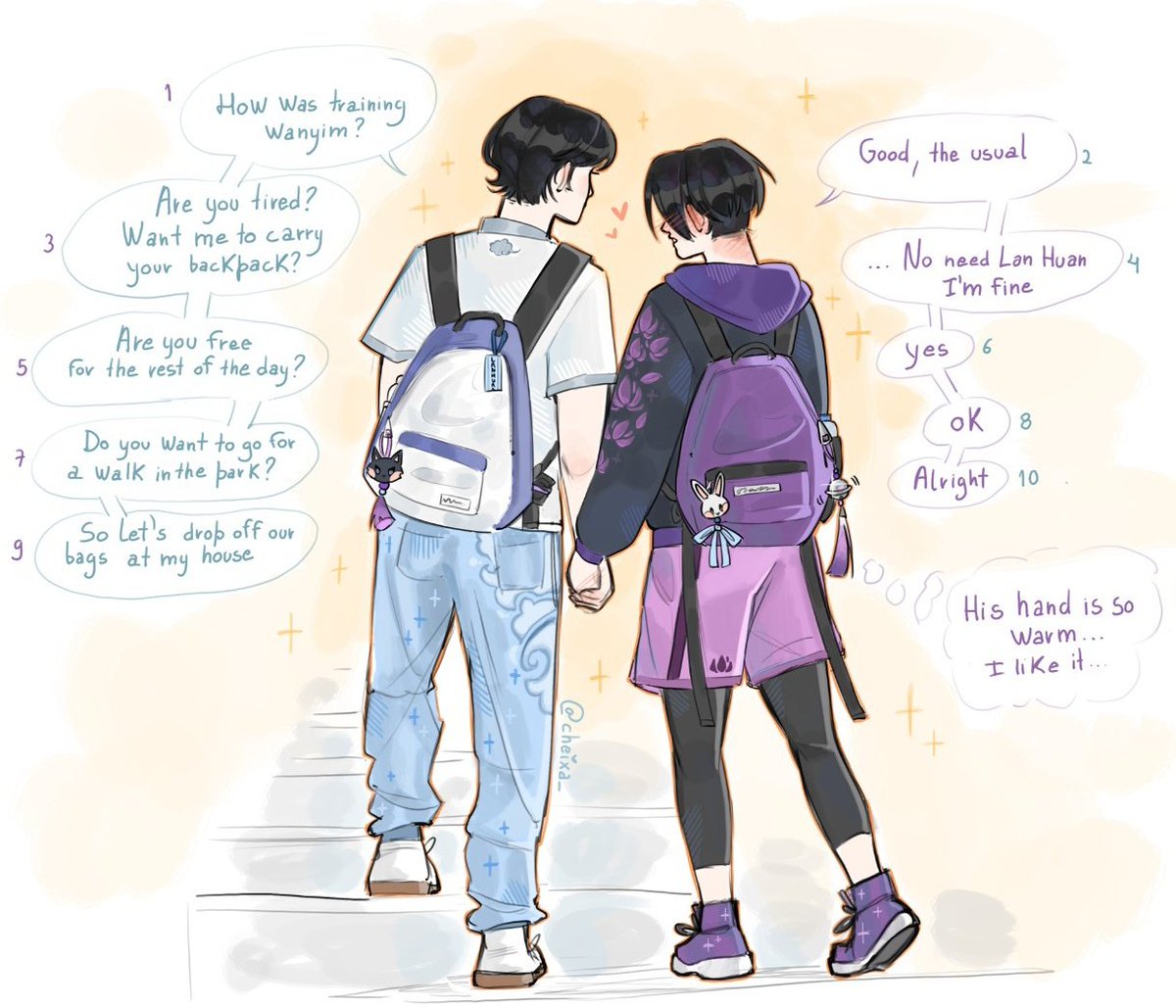 BomDia81897411's tweet photo. #JiangCheng #Lanxichen #xicheng #MDZS  
Xicheng in their student days!!💙💜
JC: *we are holding hands in public😳!!* 
LX: *Wanyim looks so cute today, but his face is so red, I hope he's not sick, maybe he's just hot, it's relatively warm today, a walk in the park should help-* https://t.co/OnHhuxXRbZ
