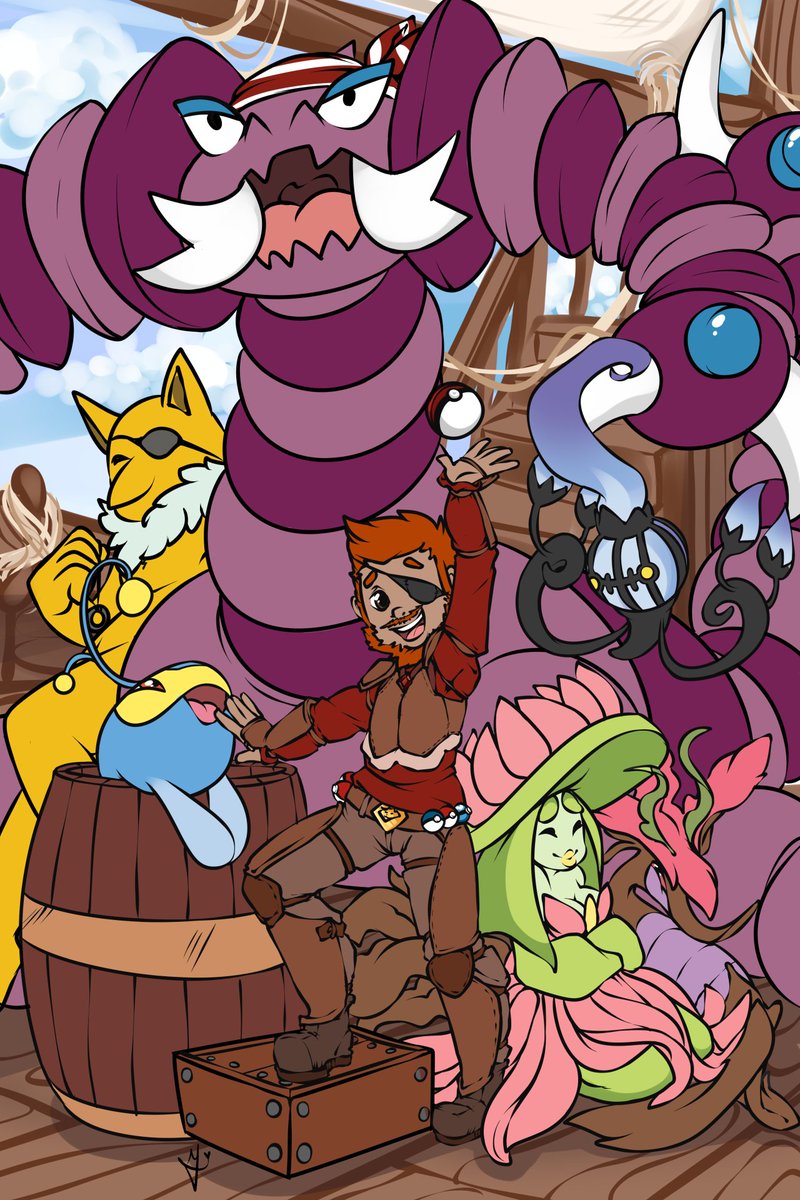 DecadentFireCat's tweet photo. A old YCH I won with my pirate-themed team at the time. Trainer Remi looking for B(ooty)attle! #OCPokemonCollab https://t.co/AKATwZu0ox
