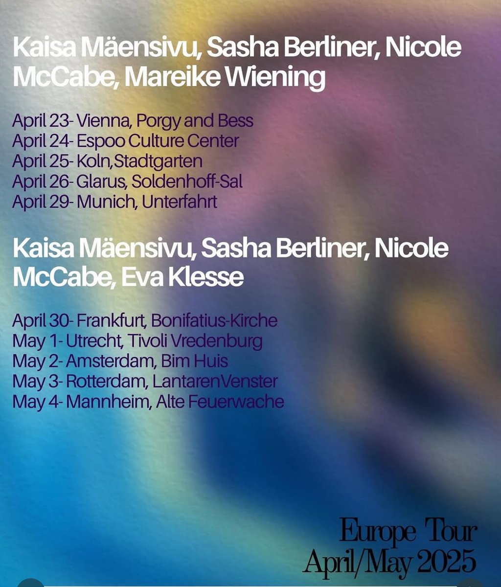 Hey everyone! Get ready for some exhilarating news! 🎉 The incredible Nicole McCabe, alongside Kaisa Maensivu, Sasha Berliner, and Mareike Wiening, is embarking on an epic tour across Europe! This is your chance to experience her electrifying show