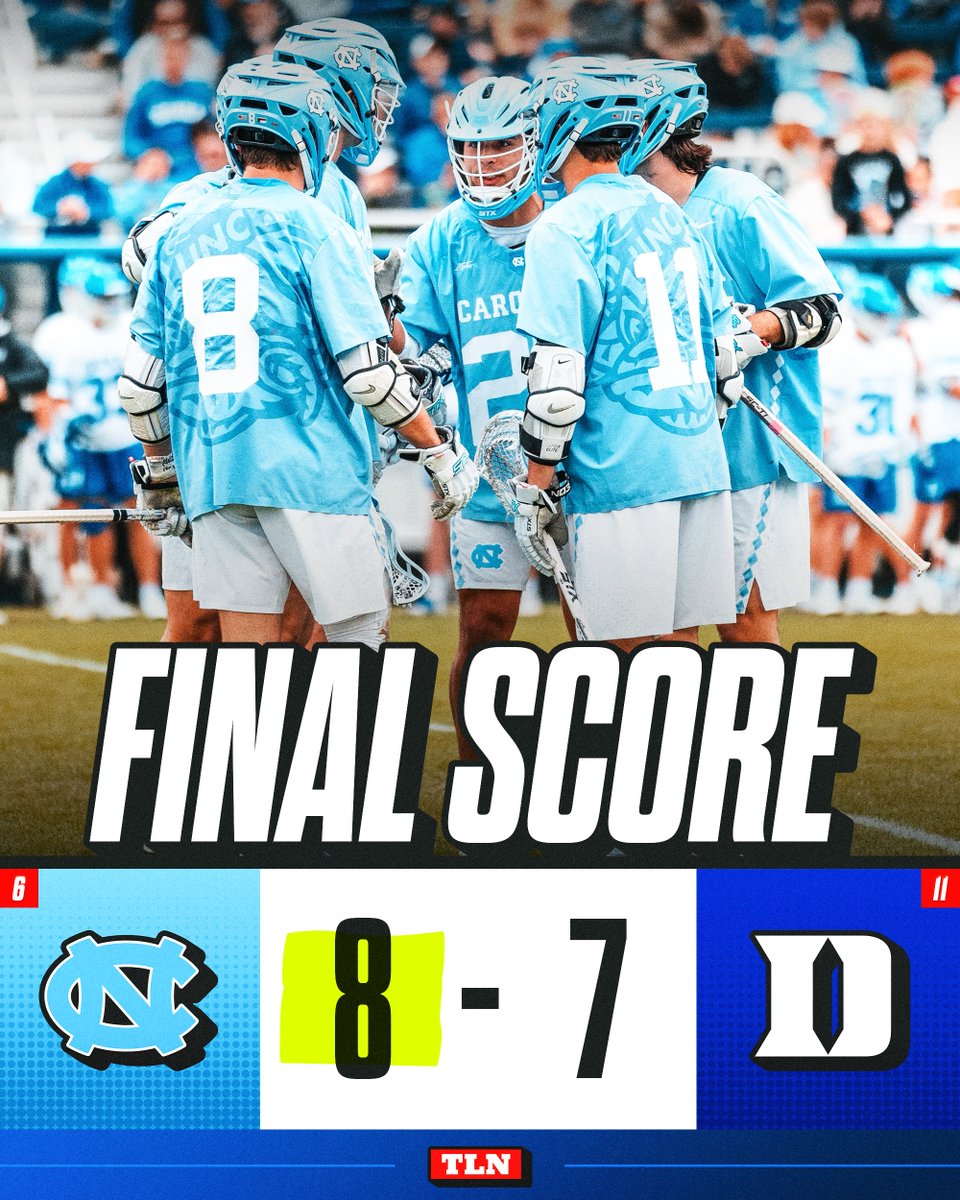 LacrosseNetwork's tweet photo. TAR HEELS OWN TOBACCO ROAD 🔥😤

@UNCMensLacrosse outlasts crosstown rival @DukeMLAX in a defensive battle, anchored by goalie Michael Gianforcaro (12 saves, 63.2%) https://t.co/poMbadKUPI