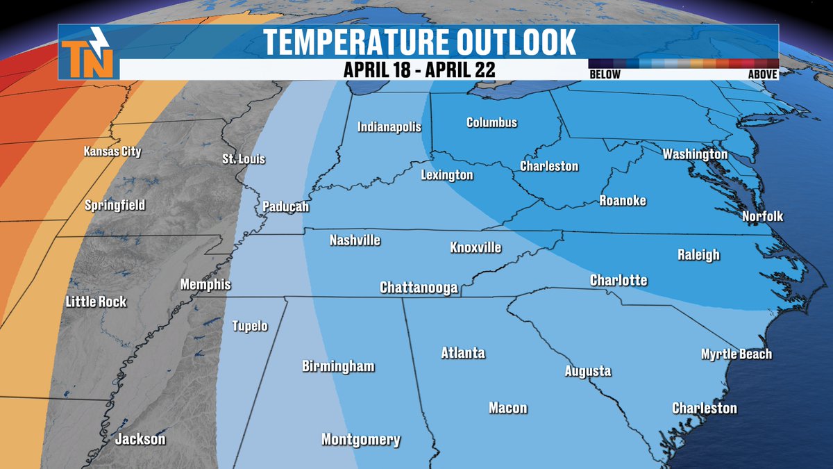 MikeWitcherTV's tweet photo. Below average temps and average rainfall can be anticipated from April 18-22.
Heads up!  Expect below average temps and typical April showers from April 18–22. Spring’s keeping us on our toes! #EastTNweather #SpringForecast #AprilWeather https://t.co/obRmxts5ub