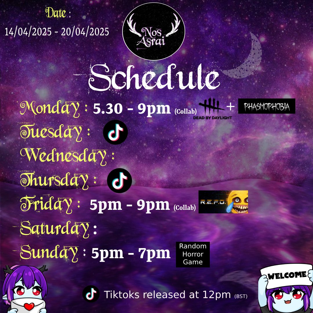 NosAsrai1's tweet photo. Here is my schedule for this week (14-20/04/2025) this is subject to change. We are playing dbd/phas, r.e.p.o as collabs and random solo horror games.
#twitch #vtuber #twitchschedule #vtuberschedule #repo #repostream #phasmo #dbd #phasmostream #deadbydaylightstream #demonvtuber https://t.co/EijKowph8L