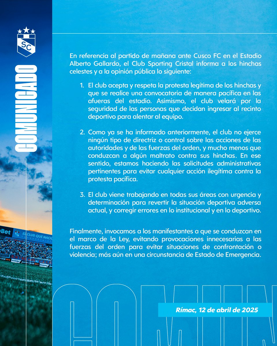 ClubSCristal's tweet photo. Comunicado oficial https://t.co/kewW97UO2j