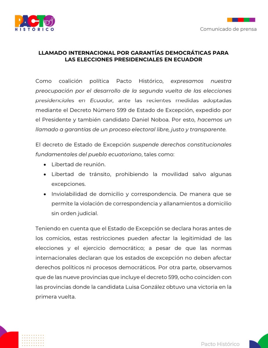 PactoCol's tweet photo. #ComunicadoPúblico | Como coalición política Pacto Histórico, expresamos nuestra preocupación por el desarrollo de la segunda vuelta de las elecciones presidenciales en Ecuador. 

@petrogustavo https://t.co/0aiQSPOs8n