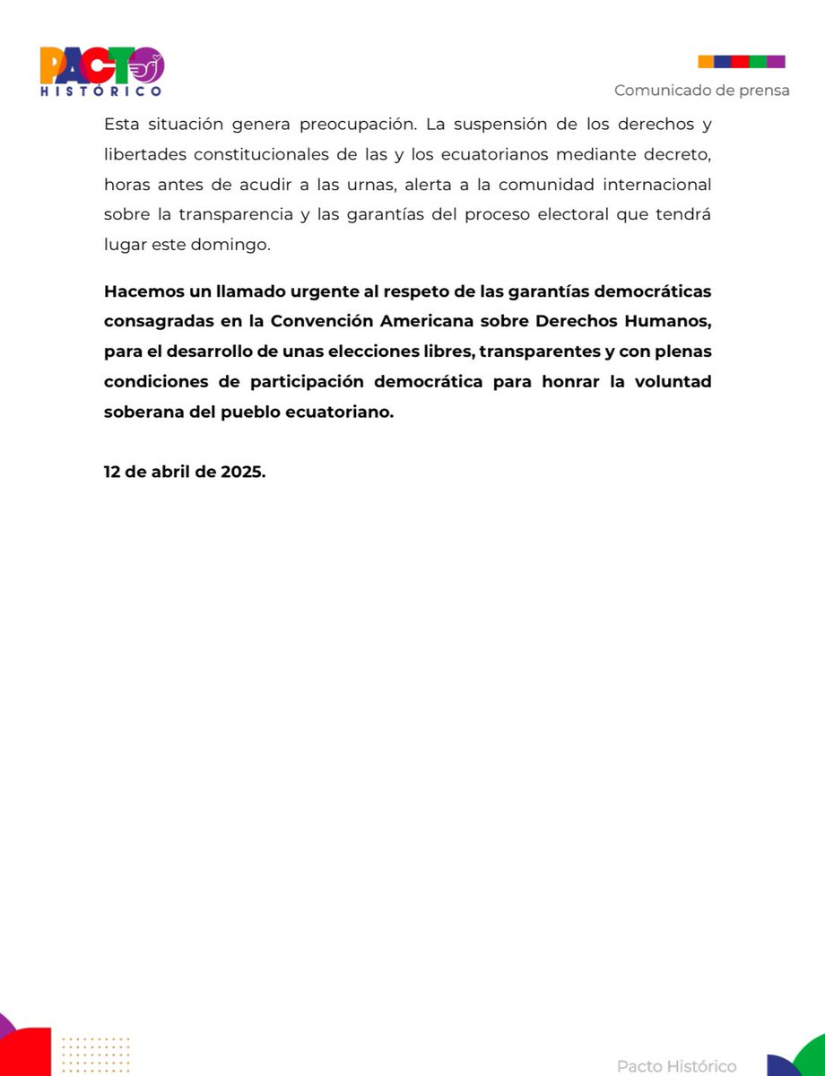 PactoCol's tweet photo. #ComunicadoPúblico | Como coalición política Pacto Histórico, expresamos nuestra preocupación por el desarrollo de la segunda vuelta de las elecciones presidenciales en Ecuador. 

@petrogustavo https://t.co/0aiQSPOs8n