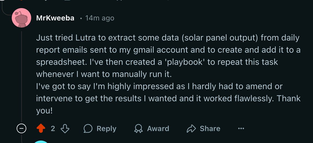 JiquanNgiam's tweet photo. Pretty awesome to see users find an old reddit thread mentioning @Lutra_AI , then trying it out, and finding it's the best agent they've used so far! https://t.co/TSmp1EtsVL