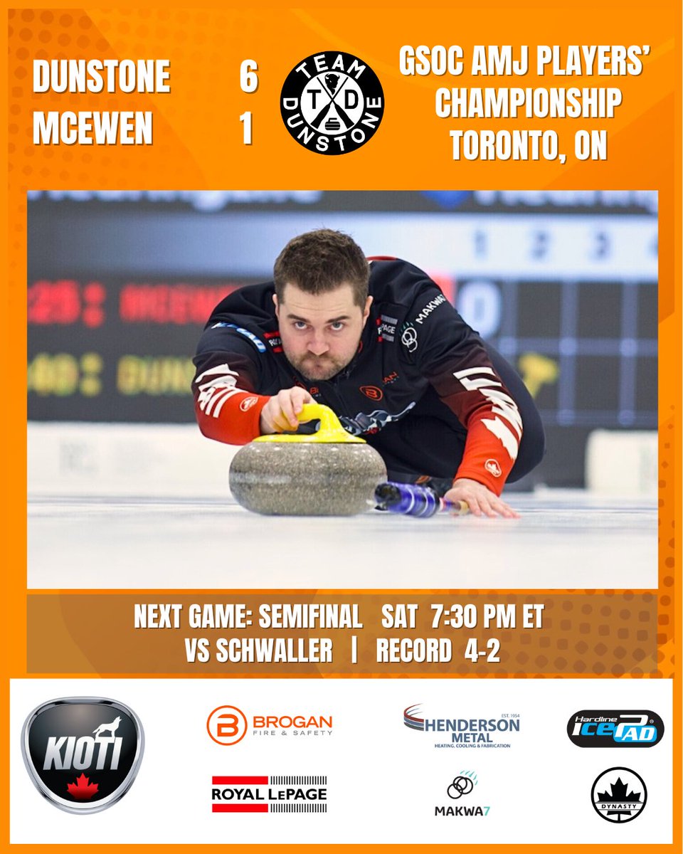 Team Dunstone (@teammdunstone) on Twitter photo It’s a Semifinal Saturday Night for Team Dunstone in Toronto!
NEXT: SEMIFINAL👇
🗓️Sat April 12 | 7:30 pm Eastern
🆚<a href="/schwallercurl/">Team Schwaller</a>
🖥️streaming➡️<a href="/watchhometeam/">HomeTeam Network</a>
📺broadcast➡️<a href="/Sportsnet/">Sportsnet</a>
ℹ️linktr.ee/teammdunstone
#TeamDunstone
#GSOC
#LetsRock
#curling It’s a Semifinal Saturday Night for Team Dunstone in Toronto!
NEXT: SEMIFINAL👇
🗓️Sat April 12 | 7:30 pm Eastern
🆚<a href="/schwallercurl/">Team Schwaller</a>
🖥️streaming➡️<a href="/watchhometeam/">HomeTeam Network</a>
📺broadcast➡️<a href="/Sportsnet/">Sportsnet</a>
ℹ️linktr.ee/teammdunstone
#TeamDunstone
#GSOC
#LetsRock
#curling