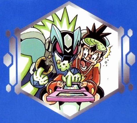 A look at the back-cover art from the "Rockman the Shooting Star" manga by Masaya Itagaki (Mega Man Star Force manga).