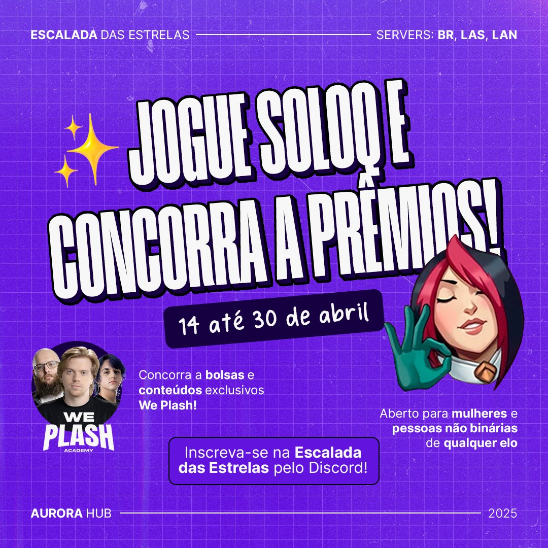 aurorahubpro's tweet photo. Preparadas pra brilhar? A Escalada das Estrelas tá de volta ✨

Agora a premiação vai para as melhores de cada rota:
🥇 R$150 + bolsa 100% na We Plash! até junho
🥈 R$50 + conteúdos exclusivos We Plash!

E tem mais: todas as inscritas ganham R$50 off no Plano Ignis da @weplashacademy. Se inscreva já pelo servidor do Aurora Hub no Discord!