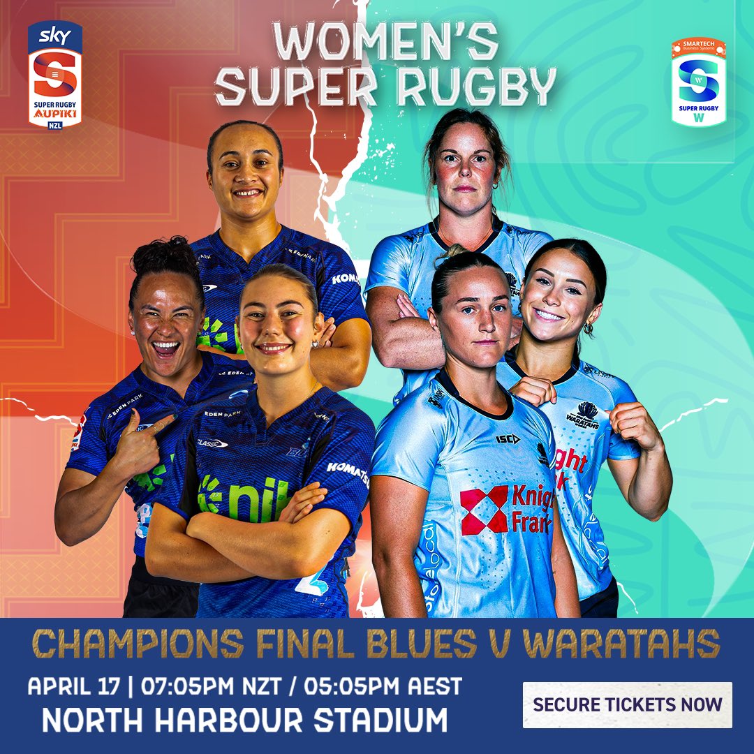 Jilly Collins (@jillycollins_) on Twitter photo HISTORY starts here 🏆🙌
For the first time ever, the Women’s Super Rugby Champions Final!
🟦 <a href="/BluesRugbyTeam/">The Blues</a> vs <a href="/NSWWaratahs/">NSW Waratahs</a>
🏟️ North Harbour Stadium, Auckland
📅 Thursday, April 17 | 5:05pm kick-off (AEST)
📺 Live on <a href="/StanSportAU/">Stan Sport</a> HISTORY starts here 🏆🙌
For the first time ever, the Women’s Super Rugby Champions Final!
🟦 <a href="/BluesRugbyTeam/">The Blues</a> vs <a href="/NSWWaratahs/">NSW Waratahs</a>
🏟️ North Harbour Stadium, Auckland
📅 Thursday, April 17 | 5:05pm kick-off (AEST)
📺 Live on <a href="/StanSportAU/">Stan Sport</a>