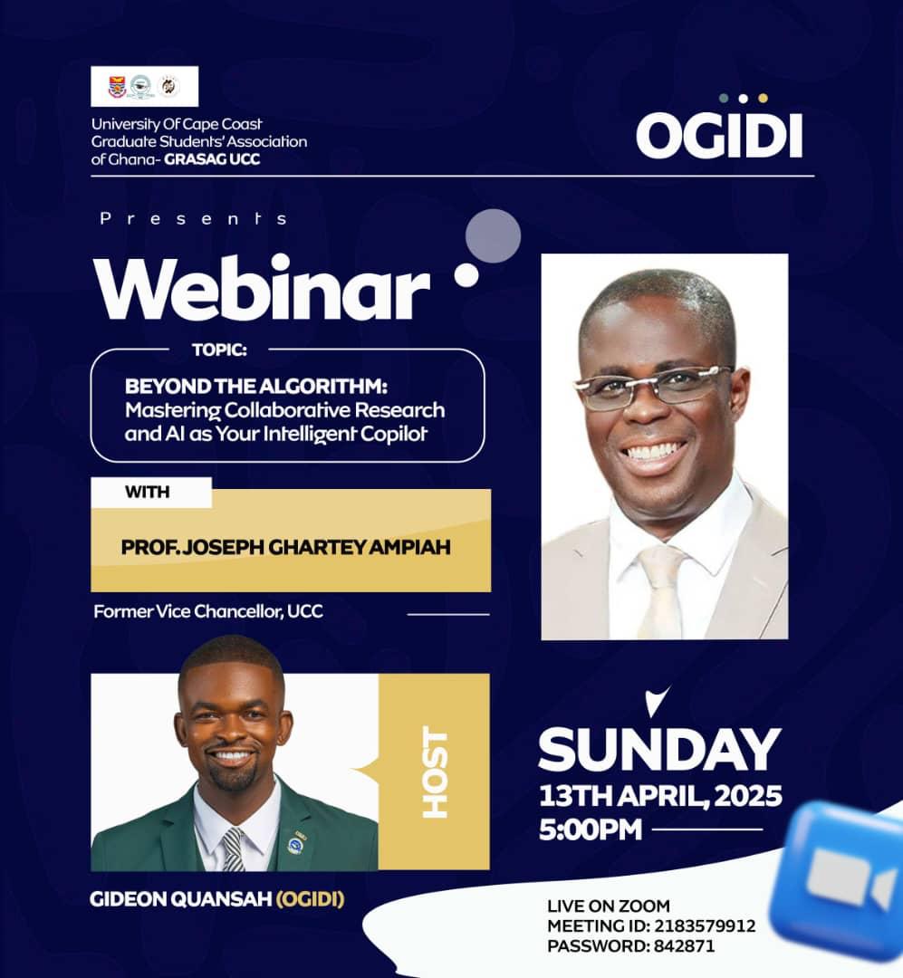 _sir_gideon's tweet photo. We are excited to announce that as part of Team Ogidi’s webinar series, we will be hosting a former Vice Chancellor,  UCC and a professor of Science Education (Prof. Joseph Ghartey Ampiah) on Sunday, April 13, 2025, via zoom at 5pm sharp. Join us and deepen your research skills. https://t.co/qpCQdjHYSV