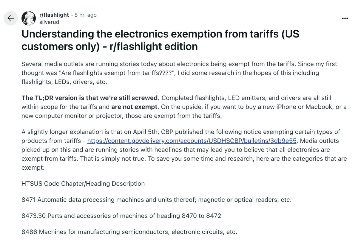 sberens1's tweet image. r/flashlights is not a fan of the tariffs