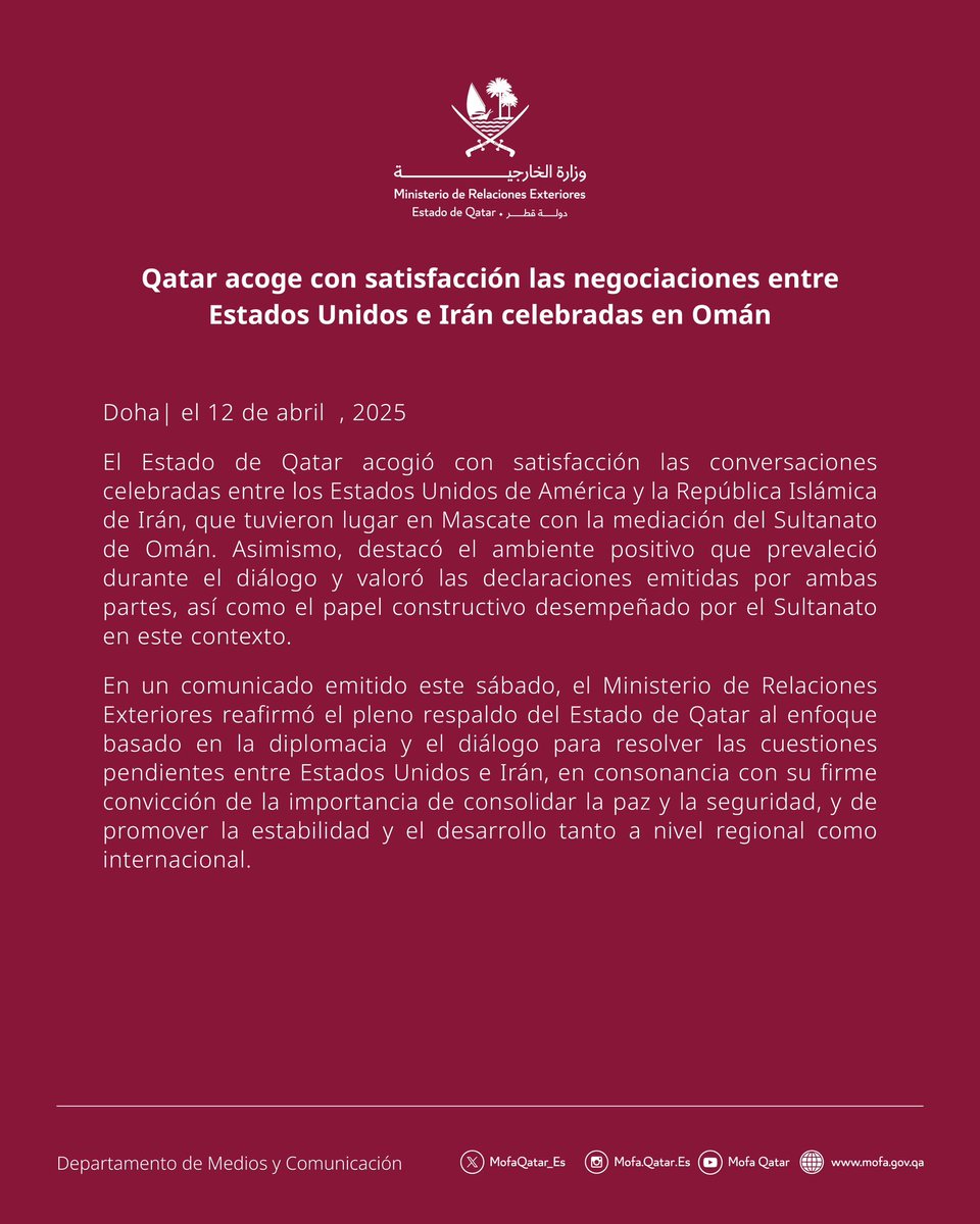 Qatar acoge con satisfacción las negociaciones entre Estados Unidos e Irán celebradas en Omán

#MOFAQatar