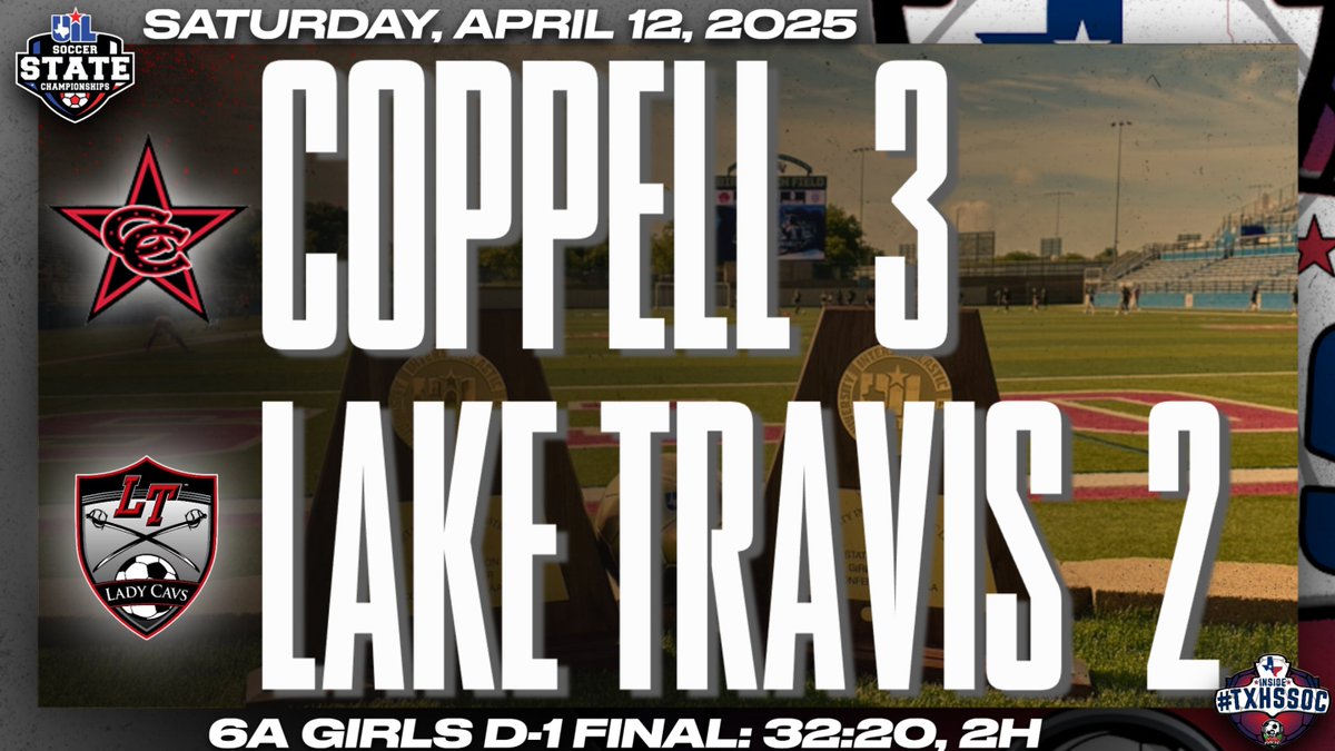 50_50Pod's tweet photo. 6A Girls D1 Final:                    
#UILState             

GOOAL Lake Travis!! A 20-yard strike from #7, Kayla Gibbons, assisted by #22 Mya Griffin. 32:20, 2H
@CoppellCowgirls 3 - 2 @ltladycavsoccer 

#TXHSSOC #GoingToGeorgetown https://t.co/4cpq3FiPjv