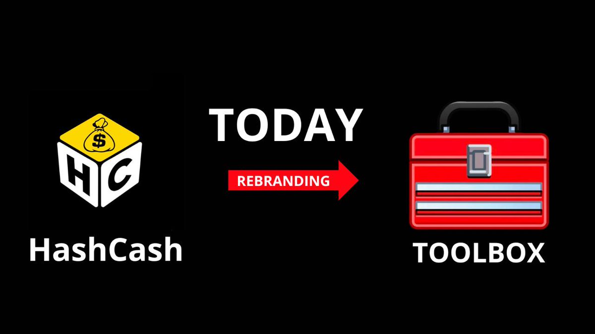 🚀REBRANDING !!! 🚀
HashCash → 🧰 TOOLBOX 
On our way to becoming ultimate SocialFi tools. We know our name should fully reflect our mission and uniqueness. Also — another project with a similar name HashCash💰 has recently appeared in the TON ecosystem.💎🧰 TOOLBOX  SocialFi
