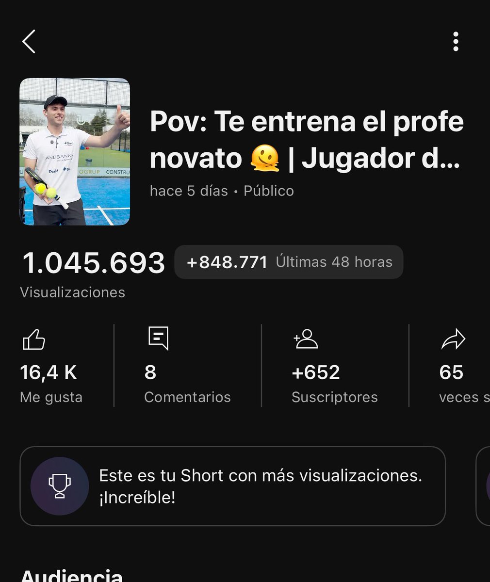 Con tan solo 22 videos colgados en mi nueva cuenta de Pádel, volvemos a conseguir virales 💪🏽

Paso a paso, volveré a construir otra comunidad, esta vez en el Pádel.

Pd: Actualmente me estoy dedicando a gestionar redes (autónomo), por si a alguien le interesa 🫣