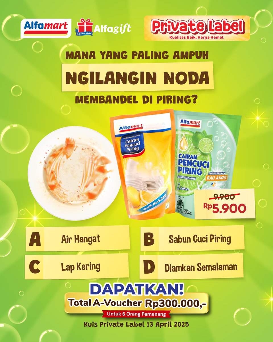 alfamart's tweet photo. Cucian piring numpuk karena bingung noda membandel susah hilang?Shalma punya Kuis spesial buat solusi cucian piring, Sahabat!
⁣
Yuk, pilih jawabanmu sekarang dan jadi juara dengan menangkan hadiah A-Voucher dengan total Rp300.000 untuk 6 orang beruntung. ⁣ https://t.co/3CrN4Wl1C9
