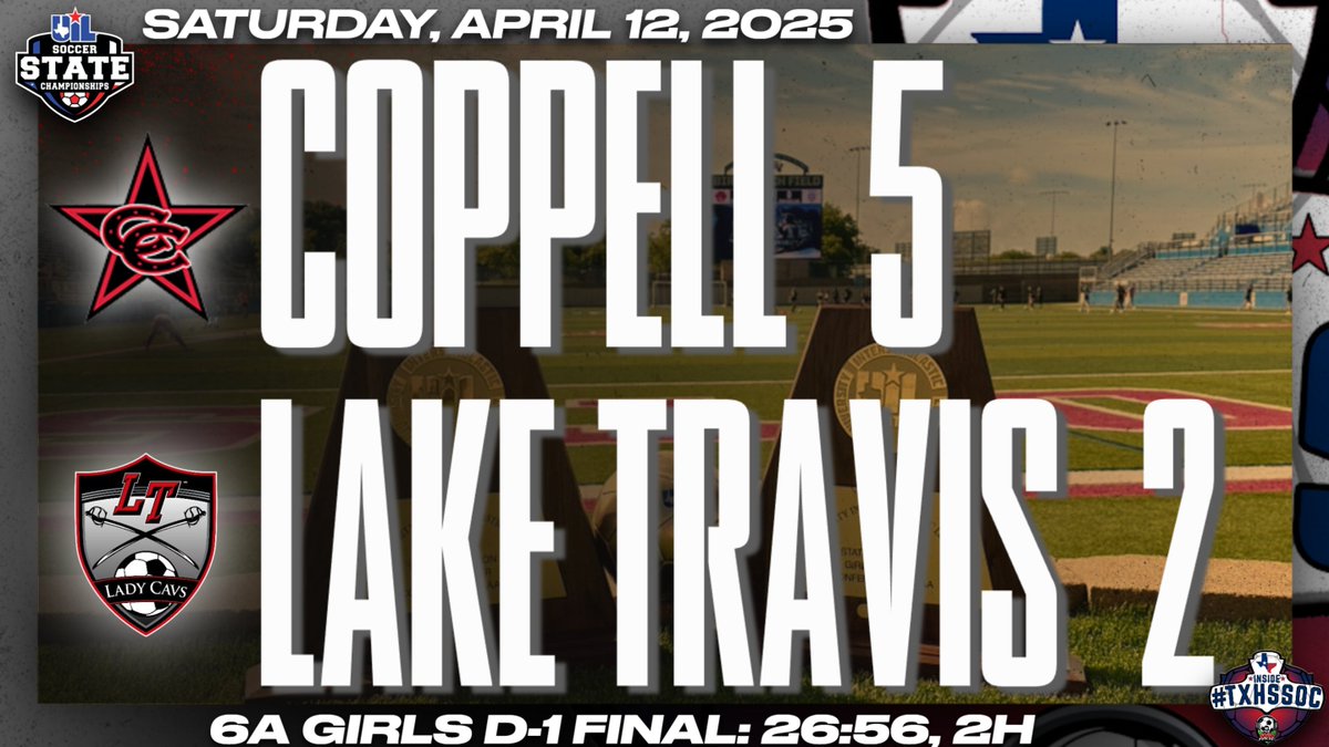50_50Pod's tweet photo. 6A Girls D1 Final:                      
#UILState                 

GOOAL Coppell!! A beautiful 20-yard free kick finish by #25, Summer Chen. 26:56, 2H
@CoppellCowgirls 5  - 2 @ltladycavsoccer 

#TXHSSOC #GoingToGeorgetown https://t.co/UFGHCIPspu