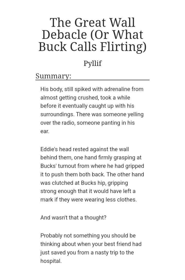 Pyllif's tweet photo. After a month of writing its finally here!!

The Great Wall Debacle (Or What Buck Calls Flirting)

- Mature
- wall pinning fic
- freak4freak buddie
- buck reacting normally (not)
- 13,2k words

🔗https://t.co/If0hyq0DhA https://t.co/8jDZv60EWv