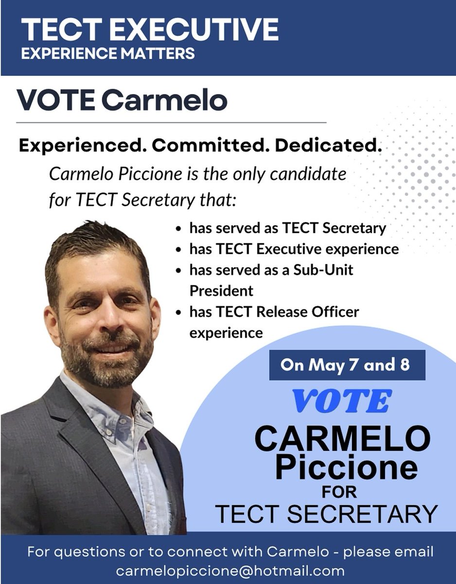 carmelopiccione's tweet image. I am proud to be running for Secretary in the upcoming TECT elections! To all my fellow Toronto Elementary Catholic Teachers—please consider supporting me with your vote on May 7 and 8. #tect #2025telection #experiencematters