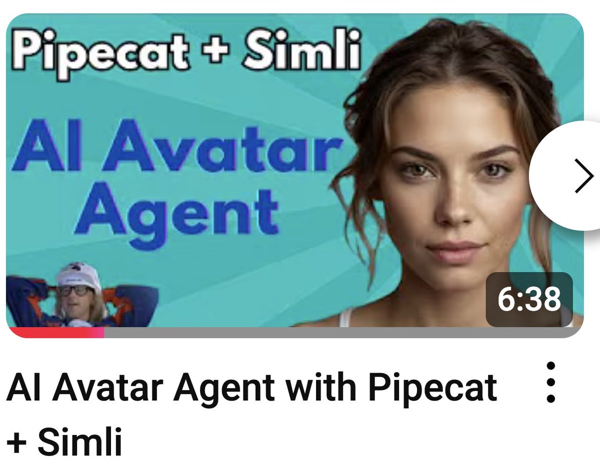 kwindla (@kwindla) on Twitter photo Nice videos from <a href="/imkylecampbell/">Kyle Campbell</a> walking you through two building two fun <a href="/pipecat_ai/">Pipecat AI</a> agents.
➡️ A Voice AI phone agent with <a href="/twilio/">twilio</a>
➡️ An interactive video avatar with <a href="/simli_ai/">Simli</a> Nice videos from <a href="/imkylecampbell/">Kyle Campbell</a> walking you through two building two fun <a href="/pipecat_ai/">Pipecat AI</a> agents.
➡️ A Voice AI phone agent with <a href="/twilio/">twilio</a>
➡️ An interactive video avatar with <a href="/simli_ai/">Simli</a>