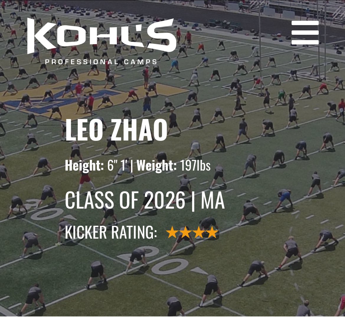 LeoZhao2026's tweet photo. I attended my first Kohls Camp a few weeks ago in Texas. Honored to be ranked a 4⭐️!! Look forward to continue working and improve my rank!
@DABigGreenFB @brendancahill_ https://t.co/D1xl2ZyMeA