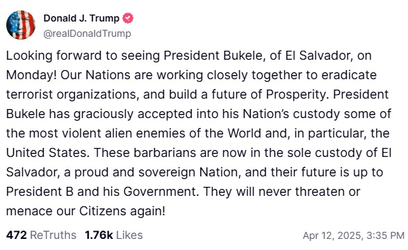 Looking forward to seeing President Bukele, of El Salvador, on Monday! Our Nations are working closely together to eradicate terrorist organizations, and build a future of Prosperity. President Bukele has graciously accepted into his Nation’s custody some of the most violent