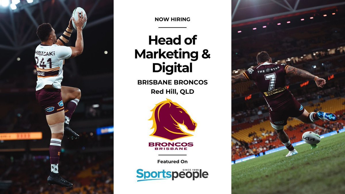 [Sportsleaders] Head of Marketing &amp; Digital - <a href="/brisbanebroncos/">Brisbane Broncos</a>. Red Hill location. Contract/Temp. Closing 23 Apr 2025. Apply@ buff.ly/6zsuT69
(see more rugby jobs: buff.ly/ROUlz1d) #sportspeople #sportjobs