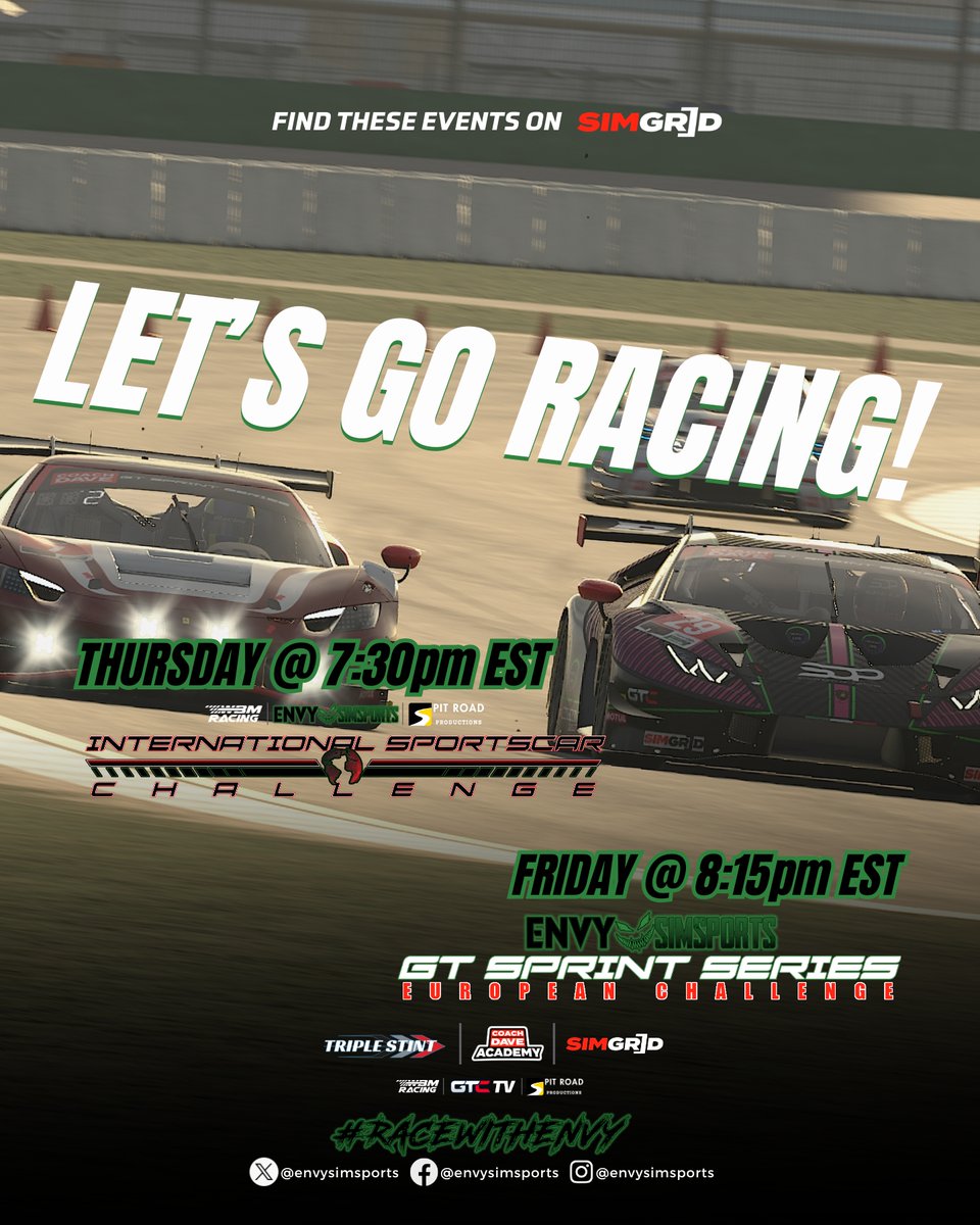 envysimsports's tweet photo. We can't wait for this week of racing as it's the longest race in one series and the last of the shorter races in the other. Make sure you mark your calendar so you don't miss it! #RaceWithEnvy
#simracing #iracing #GTCtv @triple_stint #pitroadproductions #coachdavesetups #wbmracing #LeMans #Zandvoort #simgrid @GTChampions_