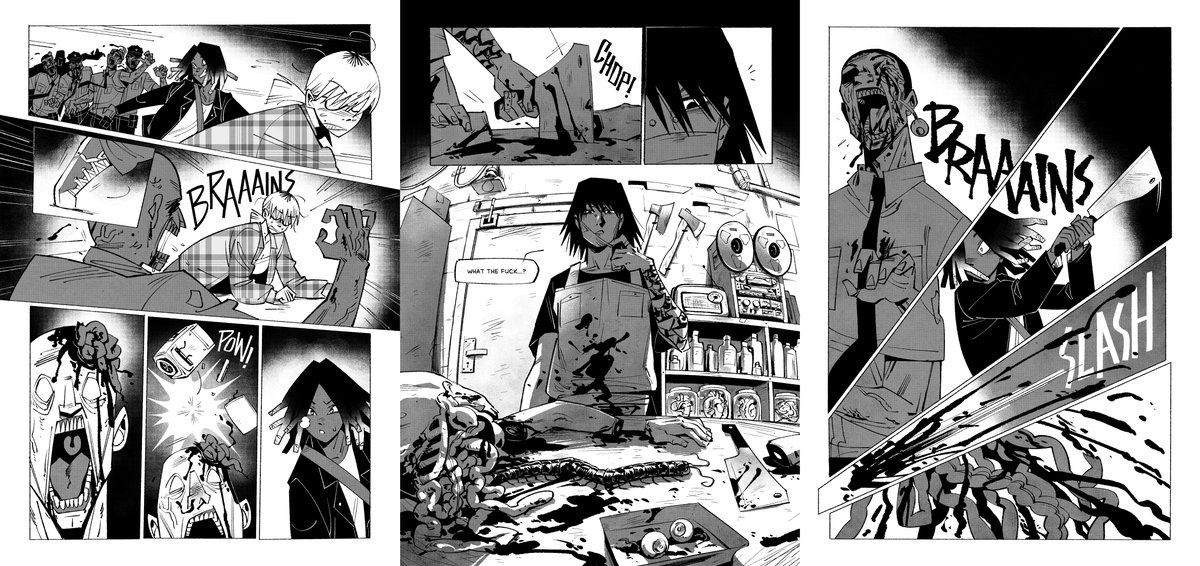 maxidango's tweet image. SLAUGHTERHOUSE HORROR MASSACRE
my first ever comic! 76 pages of pulp horror-action about demonic possessions, brain-eating zombies and yuri
links below