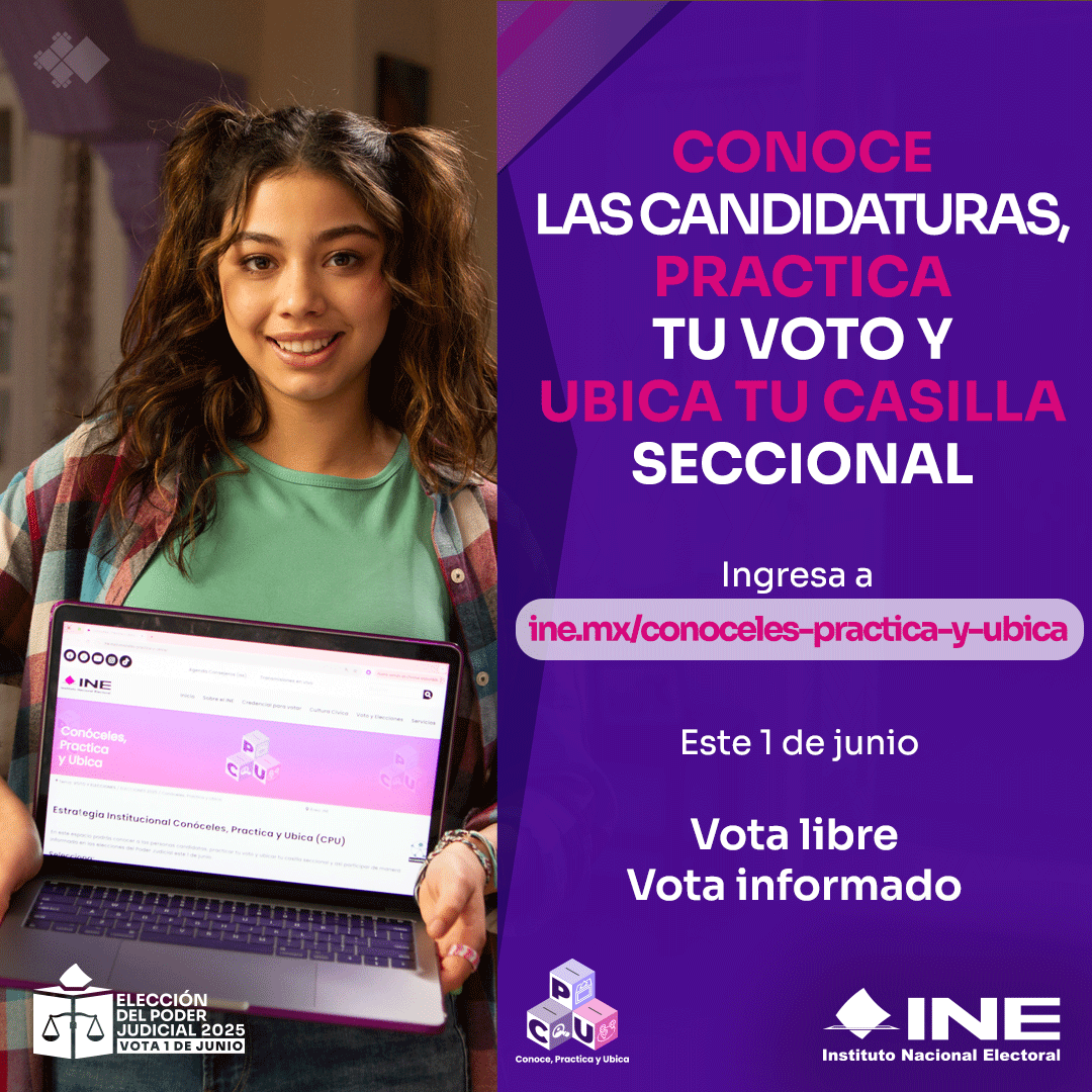 INEMexico's tweet photo. Conoce a tus candidatas y candidatos para los diferentes cargos de las elecciones del Poder Judicial.

✅ Conoce la trayectoria de las candidaturas.
✅ Practica cómo votar en cada una de las boletas.
✅ Ubica el lugar donde está tu casilla seccional.

Este 1 de junio, tu participación fortalece la democracia. 🗳️

Encuentra más información en: https://t.co/jmtnBoAH8J